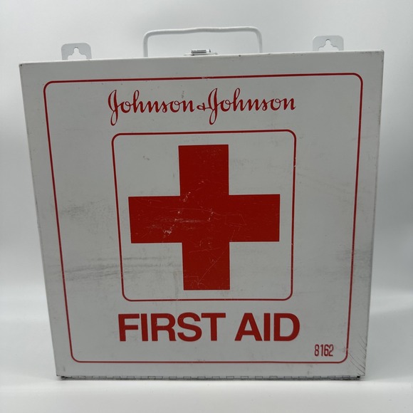 Vintage First Aid Kit Johnson & Johnson 8162 Wall Mount Metal Partial Contents